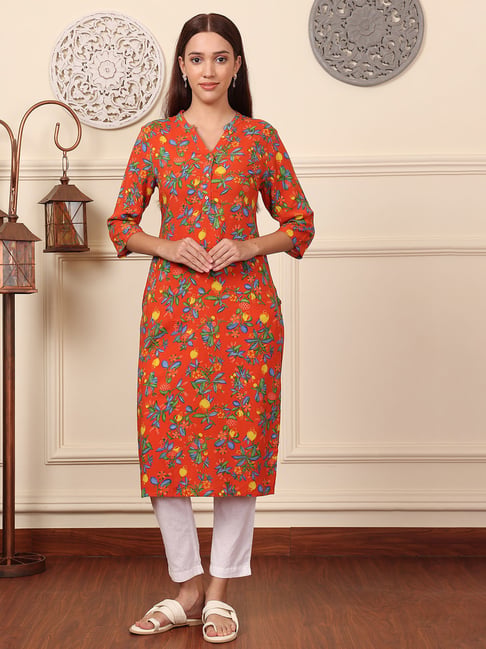 W Orange Floral Print Straight Kurta-picture-45