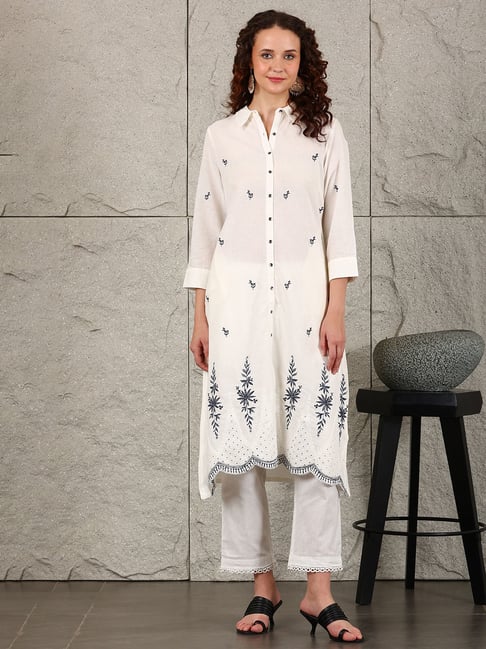 W White Cotton Embroidered A-Line Kurta-picture-14