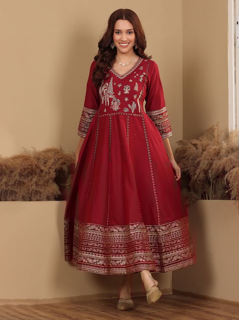 W Deep Red Embroidered Anarkali Kurta