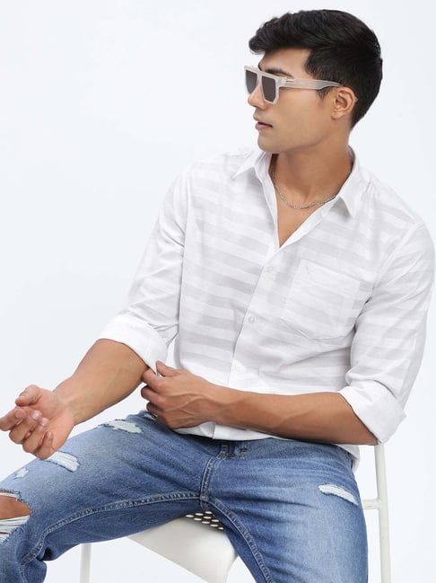 SHOWOFF White Cotton Slim fit Stripes Shirt
