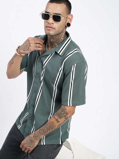 SHOWOFF Green Cotton Relaxed Fit Stripes Shirt-image-38