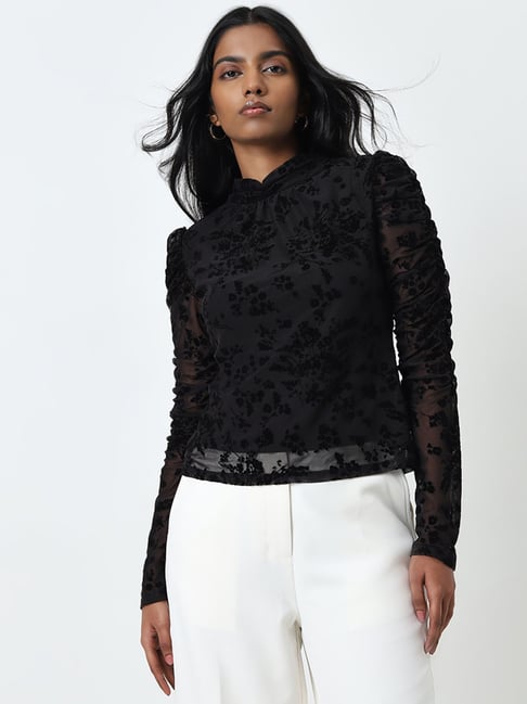 Wardrobe by Westside Black Floral Design Mesh Top