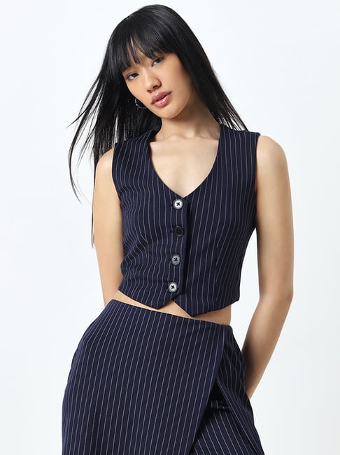 Nuon by Westside Navy Striped Waistcoat-Style Top