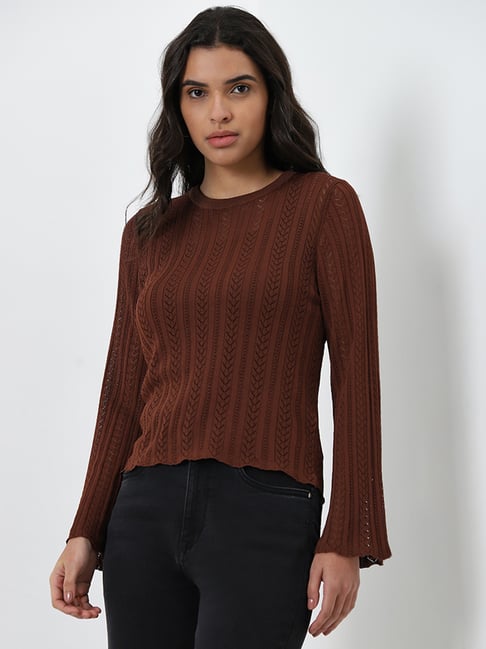 LOV by Westside Brown Knit-Textured Top