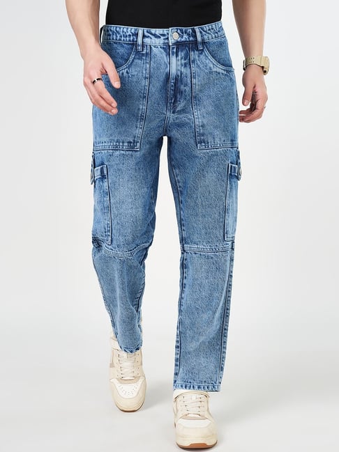 People By Pantaloons Blue Cotton Loose Fit Printed Cargo Jeans-picture-32