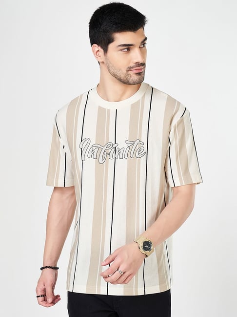 People By Pantaloons Beige Cotton Boxy Fit Striped T-Shirt