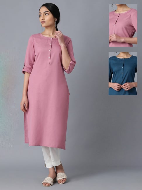 W Mauve Blue Cotton Straight Kurta Pack of