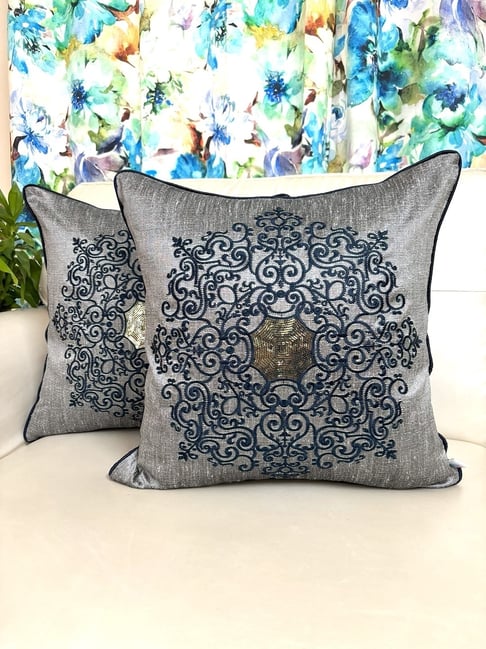 TARA Sparkling Homes Embroidered Silver Cotton Silk Cushion Cover -  Set of 2