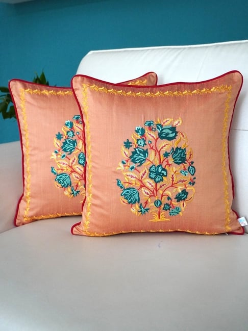 TARA Sparkling Homes Embroidered Peach Cotton Silk Cushion Cover - Set of 2-picture-41