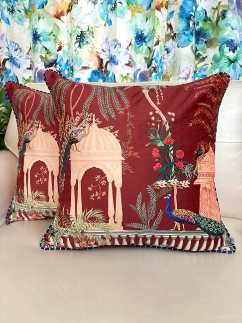 TARA Sparkling Homes Printed Red Velvet Cushion Cover - Set of 2