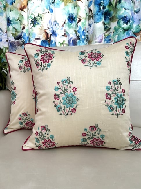 TARA Sparkling Homes Embroidered Pink Cotton Silk Cushion Cover -  Set of 2