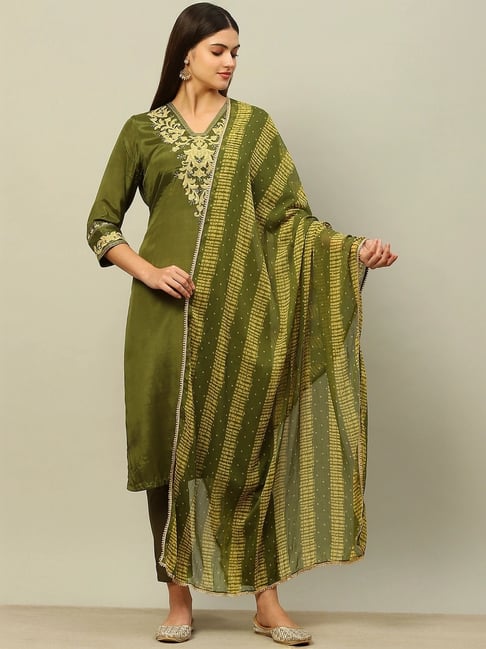Rangriti Olive Green Striped Dupatta