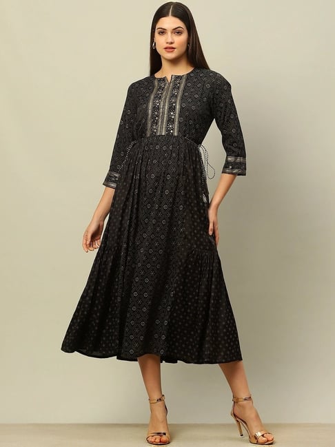 Rangriti Black Printed A Line Dress