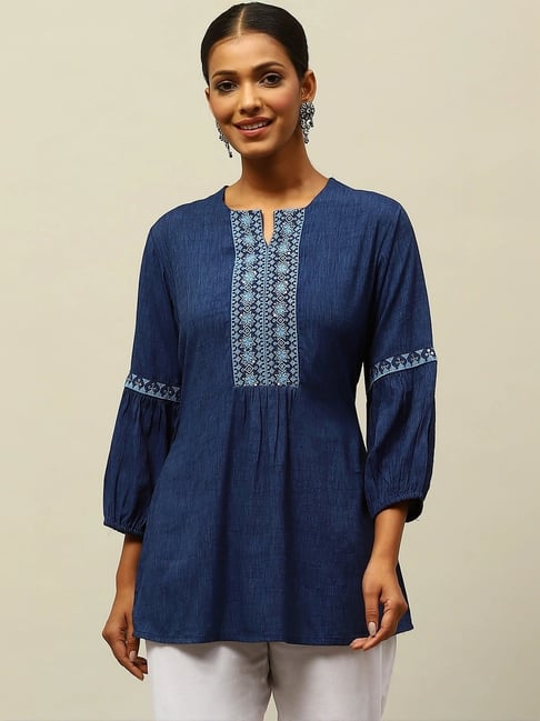 Rangriti Blue Embroidered Top