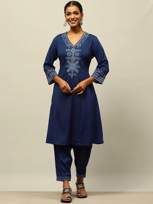 Rangriti Blue Embroidered Kurta Bottom Set