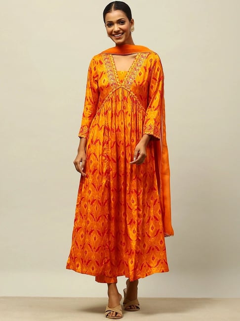 Rangriti Mustard Printed Kurta Bottom Dupatta Set