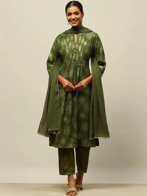Rangriti Green Printed Kurta Bottom Dupatta Set
