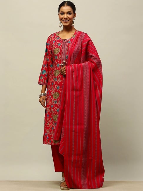 Rangriti Red Printed Kurta Bottom Dupatta Set