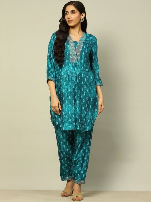 Rangriti Blue Printed Kurta Bottom Set