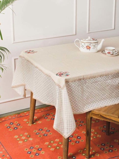 Fabindia Home Luxe Off-White Cotton Blend Embroidered Table Cover- 6 Seater