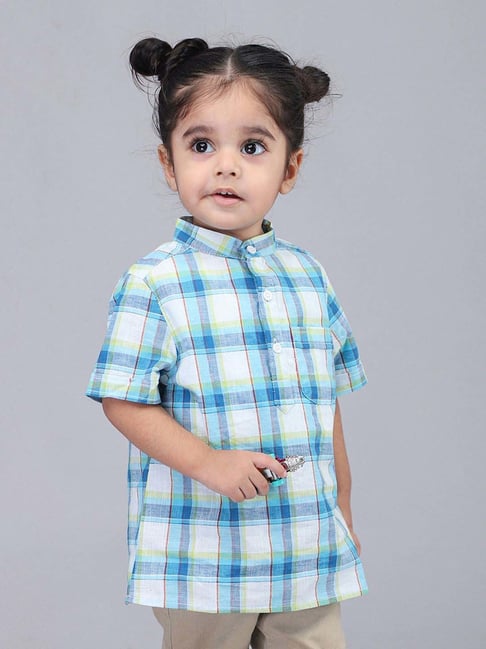 Biglilpeople Boys Blue & White Cotton Checks Shirts