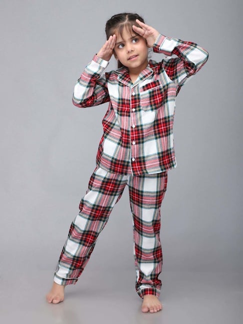 Biglilpeople Unisex Red & White Cotton Checks Full Sleeves Nightsuits