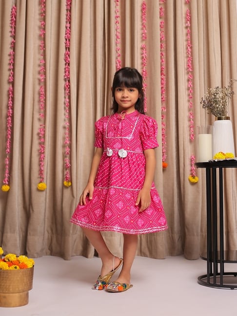 Budding Bees Girls Pink Bandhani Printed Dress