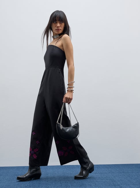 Bombay Paisley by Westside Black Embroidered Cotton Blend Jumpsuit