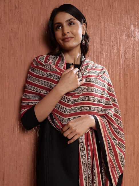 Fabindia Black-Red Cotton Stripes Dupatta-picture-13