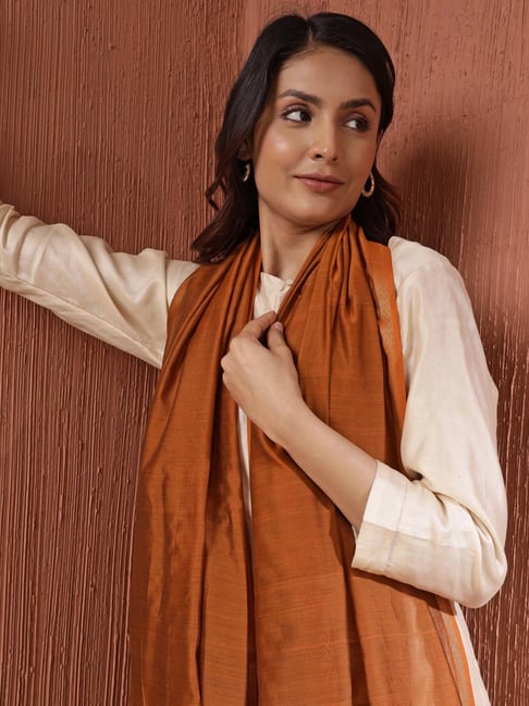 Fabindia Rust Cotton Silk Blend Woven Dupatta-picture-34
