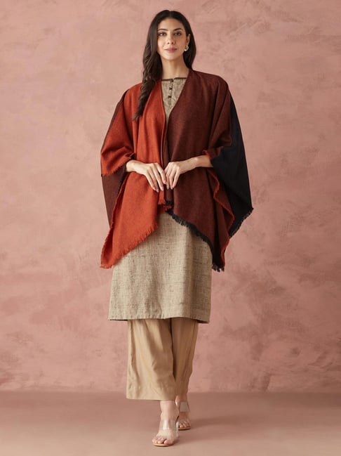 Fabindia Rust-Black Wool Blend Woven Shawl
