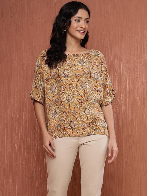 Fabindia Mustard Viscose Comfort Fit Print Top