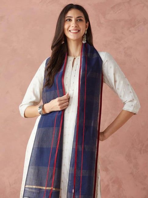 Fabindia Navy Cotton Silk Blend Woven Stole-picture-20