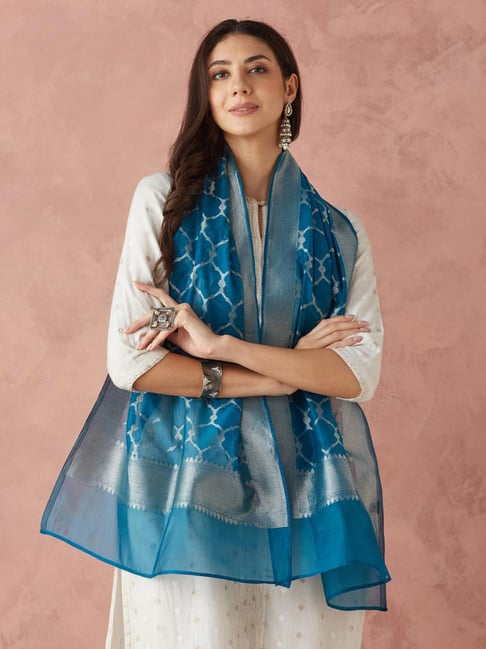 Fabindia Teal Cotton Silk Blend Woven Stole-image-25