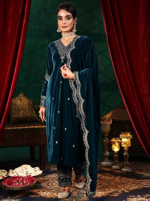 Libas Teal Blue Velvet Embroidered Kurta Sets