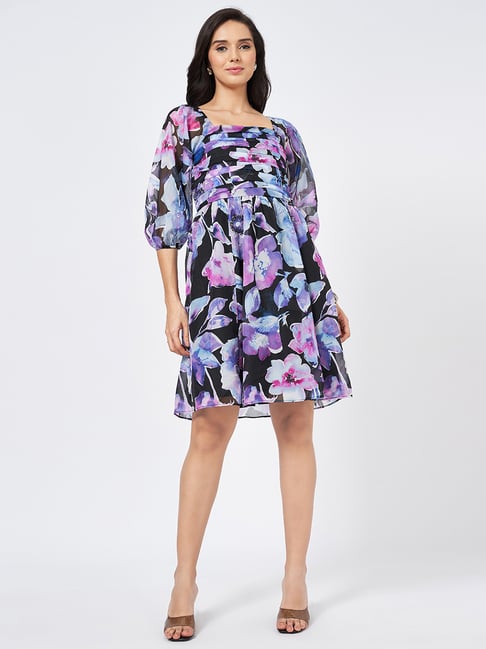 Honey By Pantaloons Black Nylon Slim Fit Print Casual Dresses-image-33