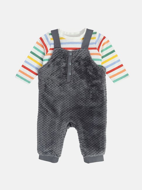 MINIKLUB Boys Grey & White Striped Full Sleeves T-Shirt with Dungaree