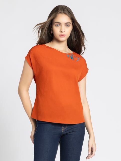 SHAYE Orange Embroidered Top