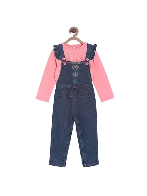 MINIKLUB Girls Blue & Pink Embroidered Full Sleeves T-Shirt with Dungaree-picture-18