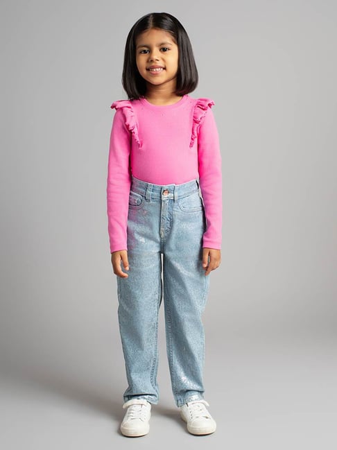 Ed-A-Mamma Girls Blue Denim Printed Jeans