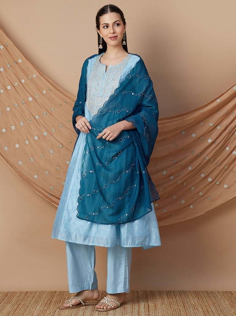 Melange by Lifestyle Blue Embroidered Dupatta-picture-14