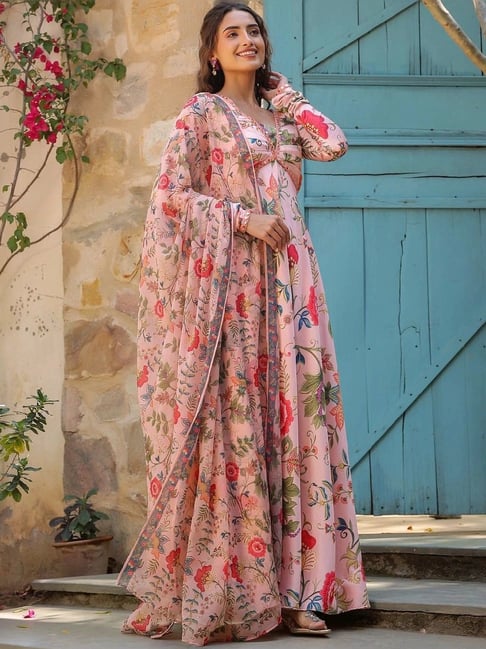 Anastay Peach Linen Satin Anarkali Set With Pant And Dupatta