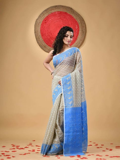 Desh Bidesh Grey & Blue Cotton Woven Saree-picture-14