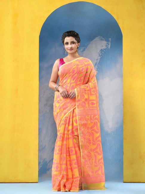 Desh Bidesh Orange Cotton Woven Saree-picture-39