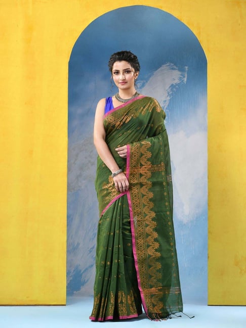 Desh Bidesh Green Woven Saree With Unstitched Blouse-picture-12