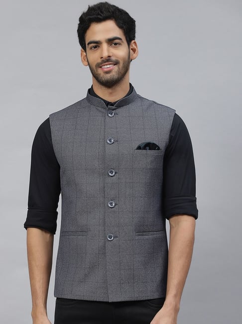 ESSAS Club Grey Slim Fit Checks Nehru Jacket - Main Image