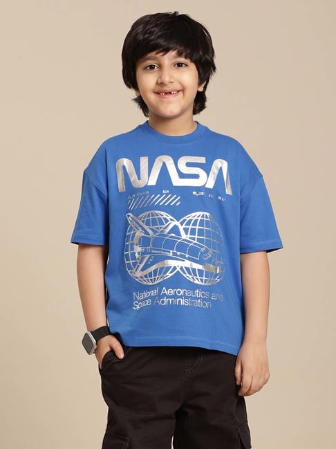 Kidsville Nasa Printed Blue Oversized T-Shirt For Boys
