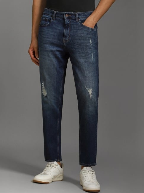 Louis Philippe Navy Cotton Regular Fit Distressed Jeans-picture-22