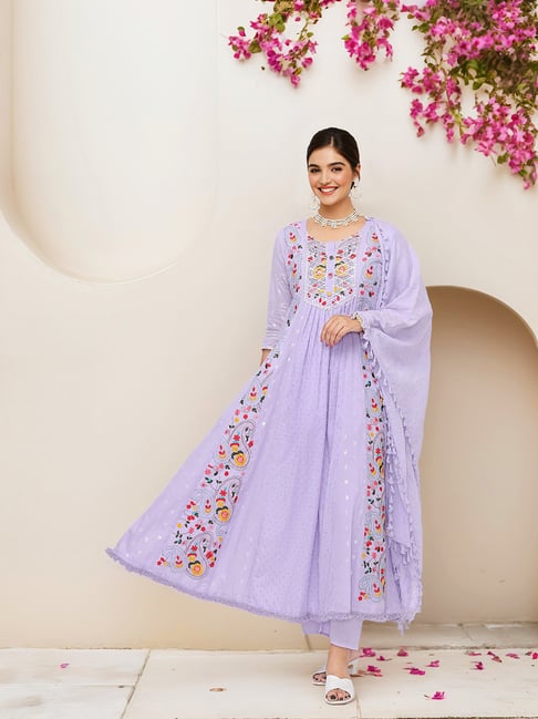 Ishin Purple Pure Cotton Anarkali Floral Suit Sets