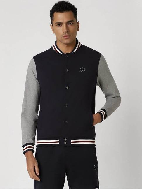 Van Heusen Navy Regular Fit Colour Block Bomber Jacket-picture-18
